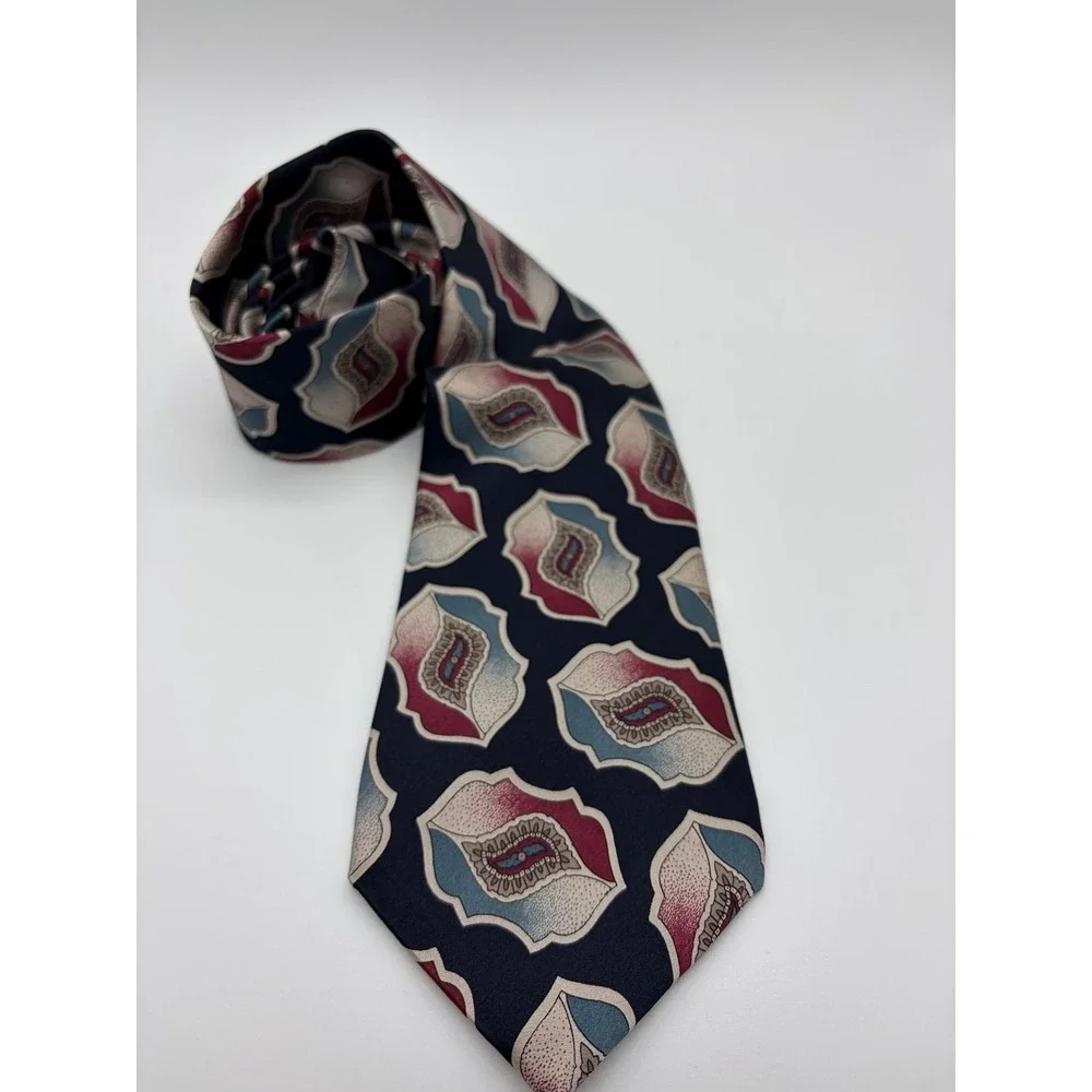 Pierre Cardin 100% Silk Necktie, Geometric/Paisley Motif Pattern, Navy/Red/Cream